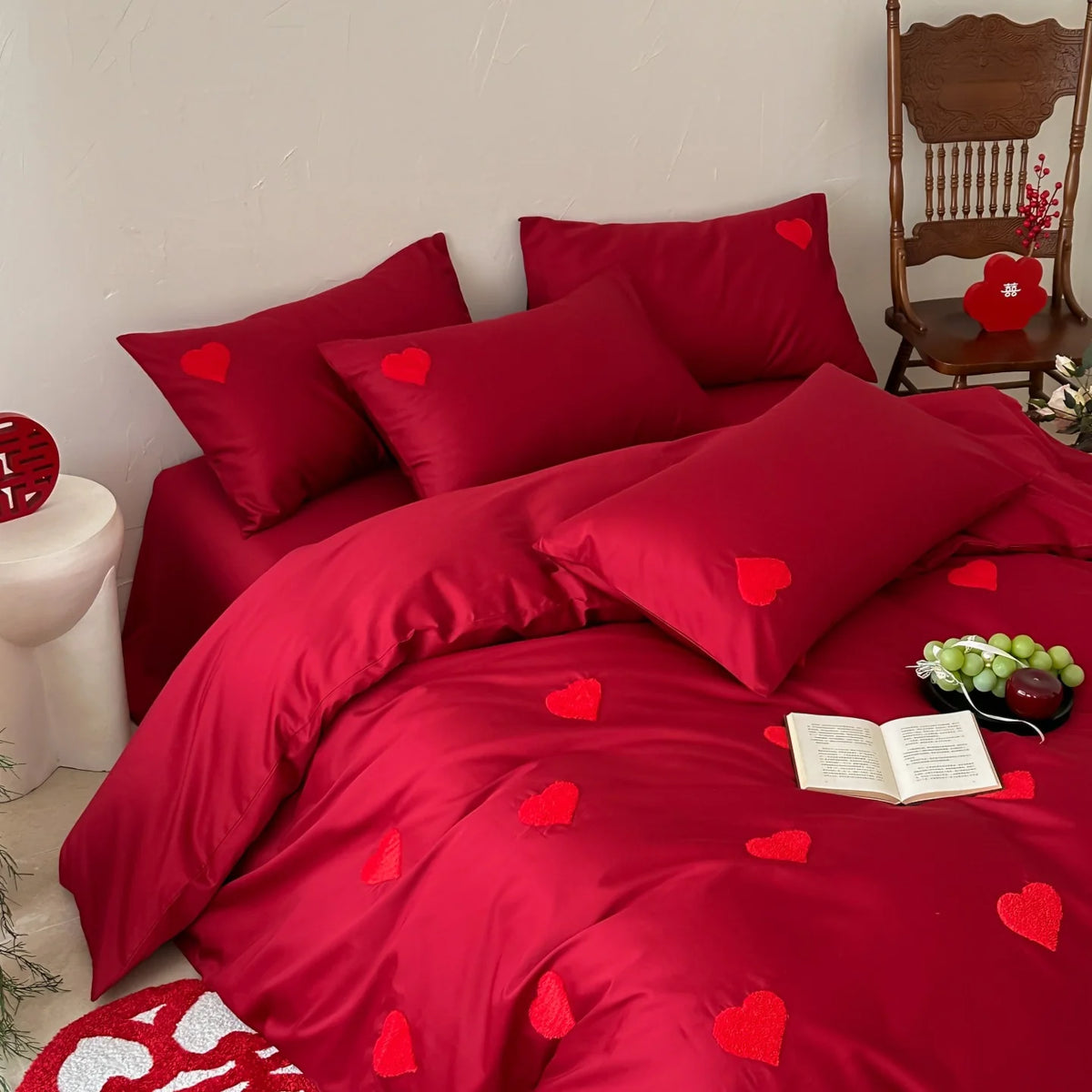 Bedding Set Breathable Cotton Heart Appliques 4-Piece