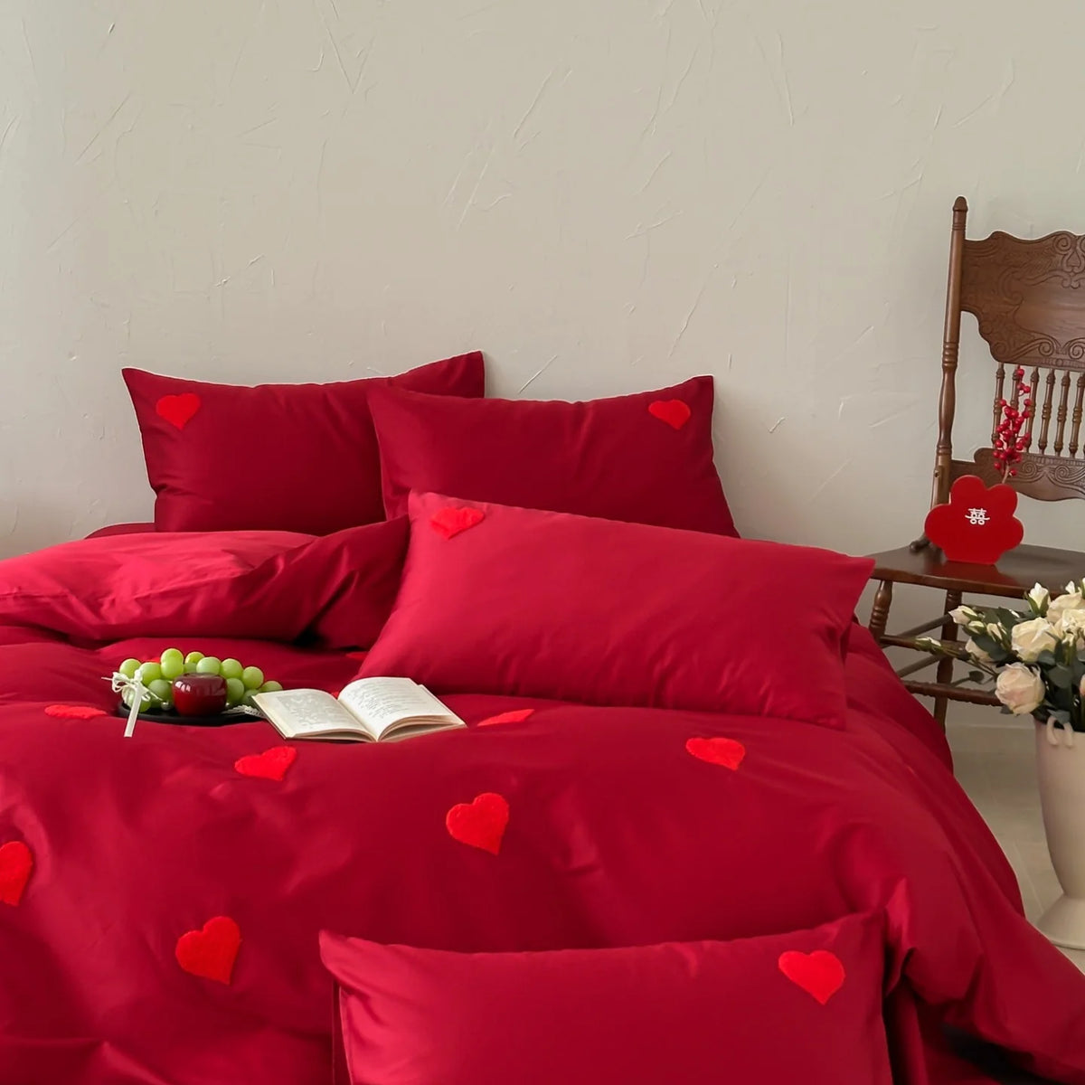 Bedding Set Breathable Cotton Heart Appliques 4-Piece