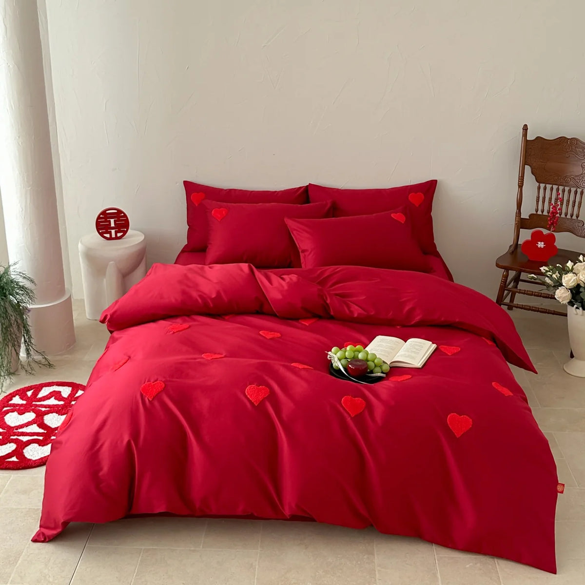 Bedding Set Breathable Cotton Heart Appliques 4-Piece