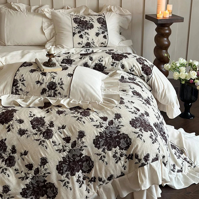 Bedding Set Breathable Cotton-Linen Blend Floral Jacquard Border