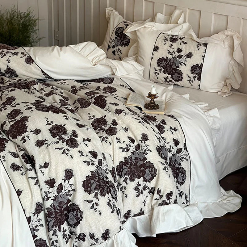 Bedding Set Breathable Cotton-Linen Blend Floral Jacquard Border