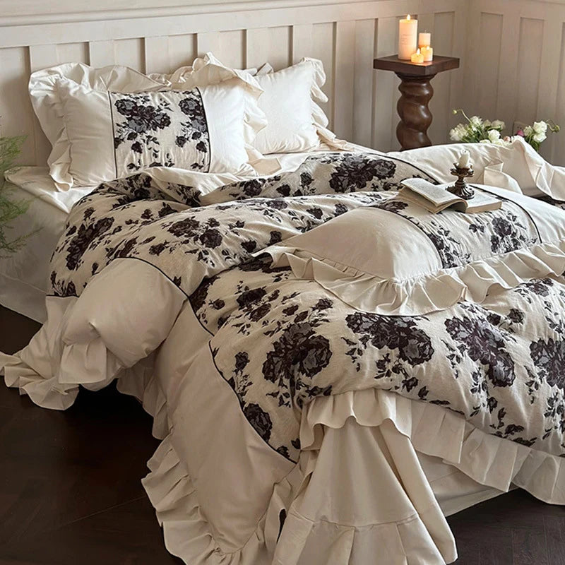 Bedding Set Breathable Cotton-Linen Blend Floral Jacquard Border