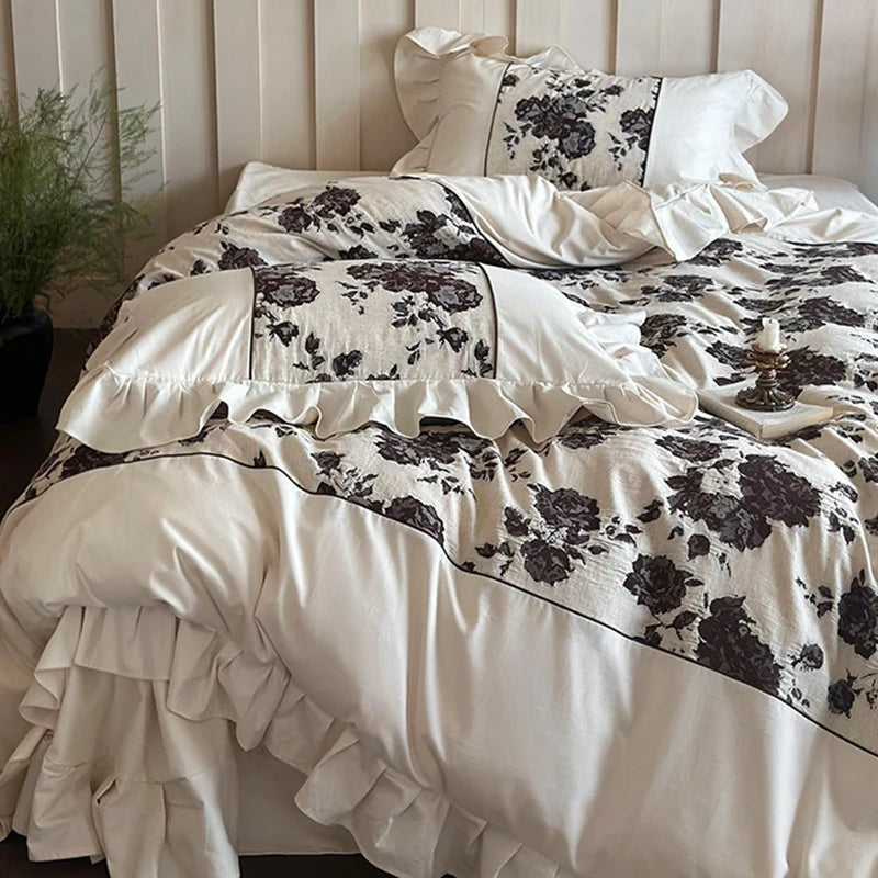 Bedding Set Breathable Cotton-Linen Blend Floral Jacquard Border