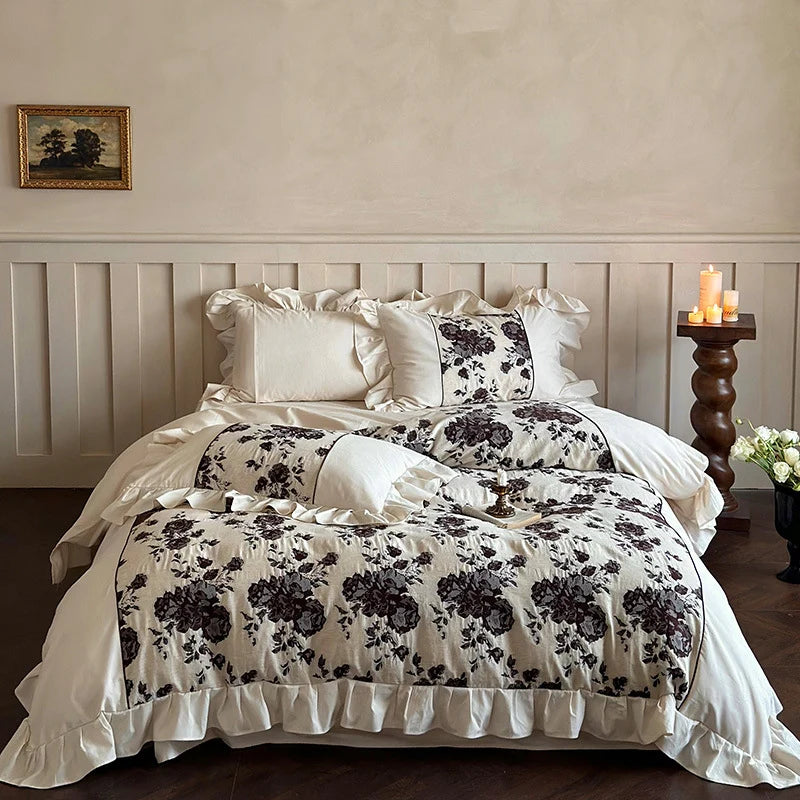 Bedding Set Breathable Cotton-Linen Blend Floral Jacquard Border