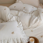 Bedding Set Breathable Cotton Muslin Bow Embroidery