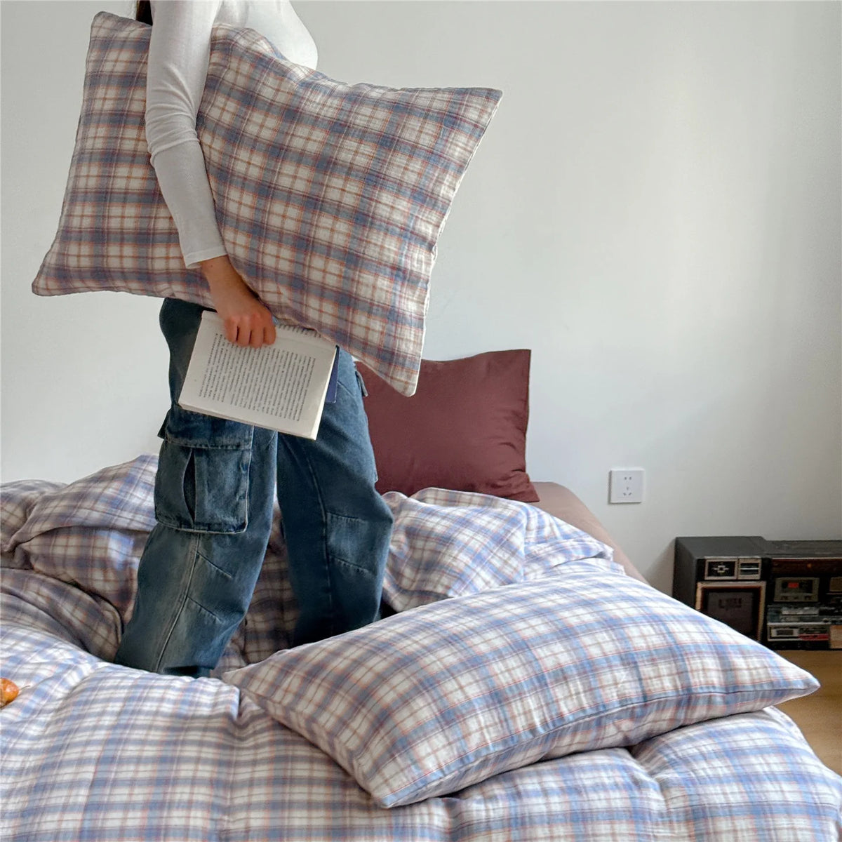Bedding Set Breathable Cotton Muslin Pastel Check