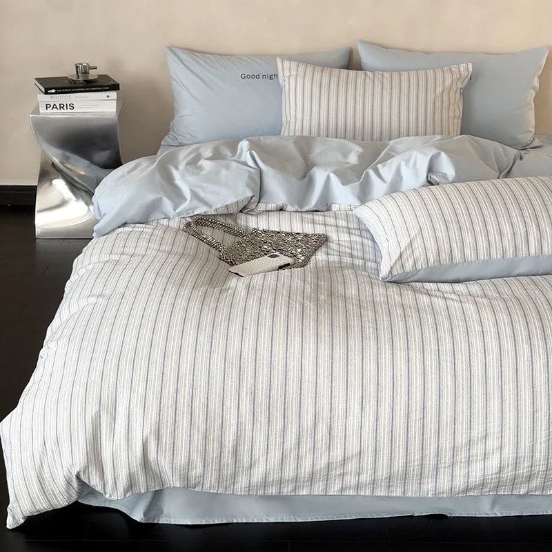 Bedding Set Breathable Cotton Muslin Reversible Fine Stripe