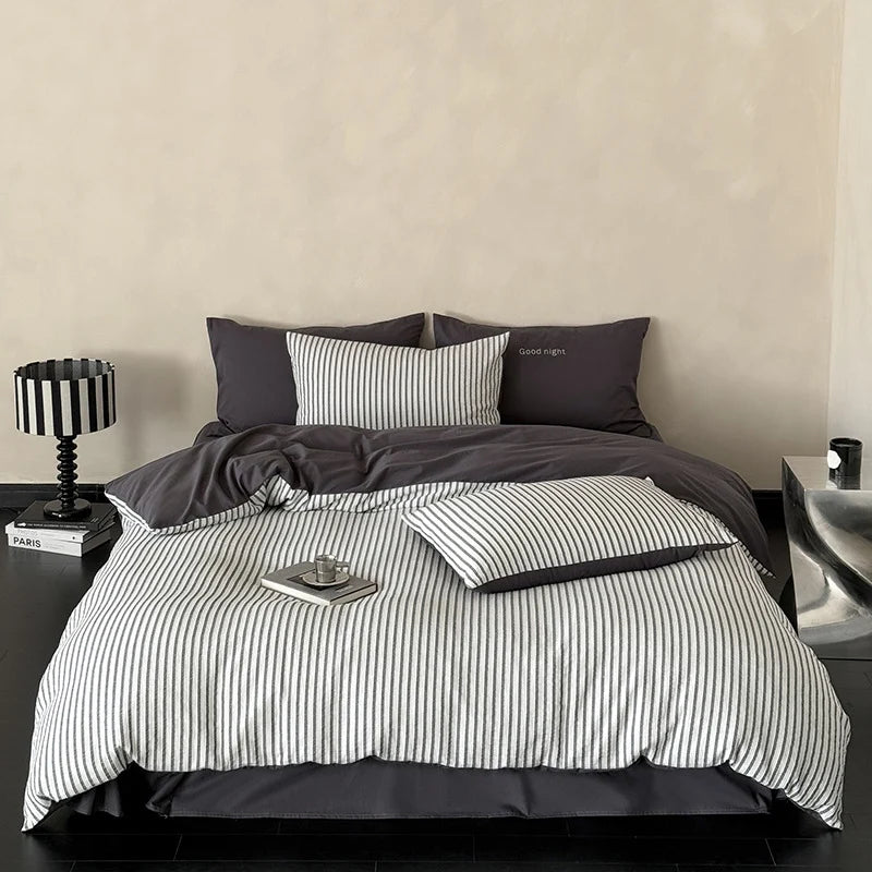 Bedding Set Breathable Cotton Muslin Reversible Fine Stripe