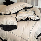 Bedding Set Breathable Cotton Satin Ruffled Piped Trim