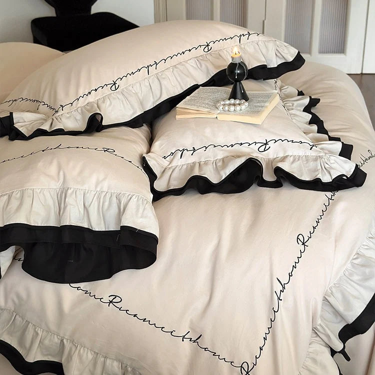 Bedding Set Breathable Cotton Satin Ruffled Piped Trim