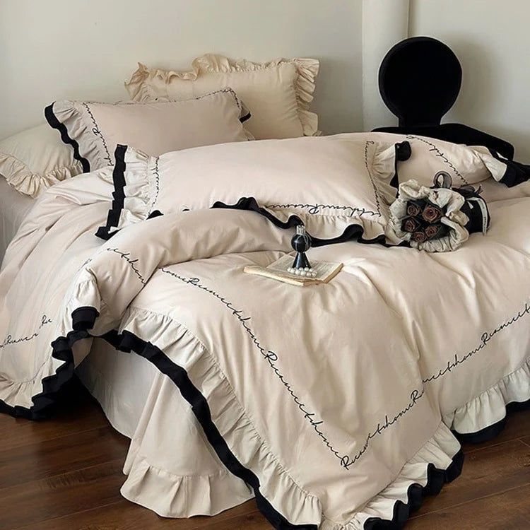 Bedding Set Breathable Cotton Satin Ruffled Piped Trim