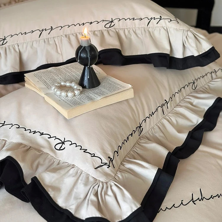 Bedding Set Breathable Cotton Satin Ruffled Piped Trim