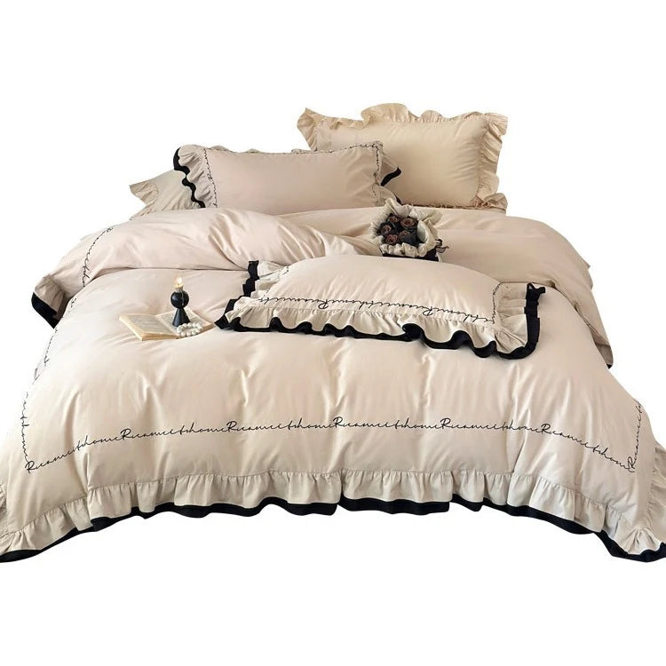 Bedding Set Breathable Cotton Satin Ruffled Piped Trim