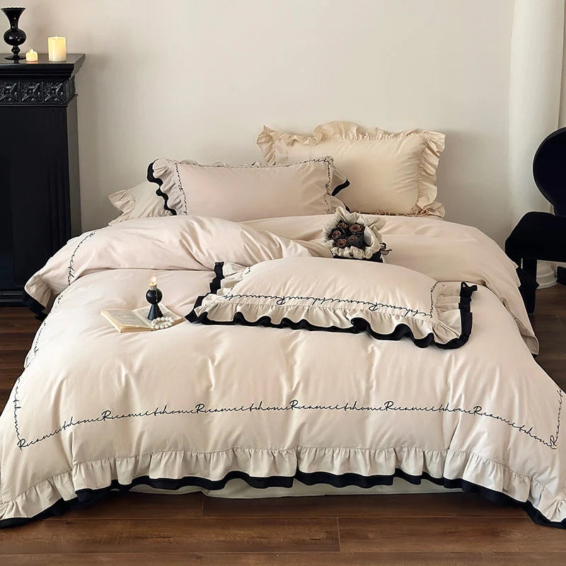 Bedding Set Breathable Cotton Satin Ruffled Piped Trim