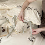 Bedding Set Cotton 4-Piece Floral Embroidery & Lace Trim