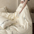 Bedding Set Cotton 4-Piece Floral Embroidery & Lace Trim