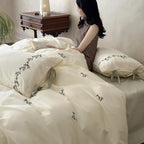 Bedding Set Cotton 4-Piece Floral Embroidery & Lace Trim