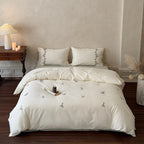 Bedding Set Cotton 4-Piece Floral Embroidery & Lace Trim