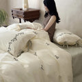Bedding Set Cotton 4-Piece Floral Embroidery & Lace Trim