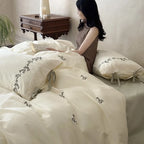 Bedding Set Cotton 4-Piece Floral Embroidery & Lace Trim