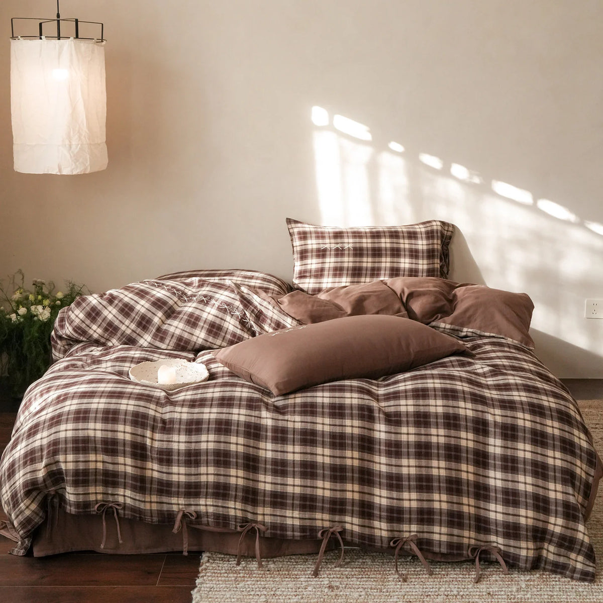 Bedding Set Cotton Blend Checked Ruffle & Embroidery