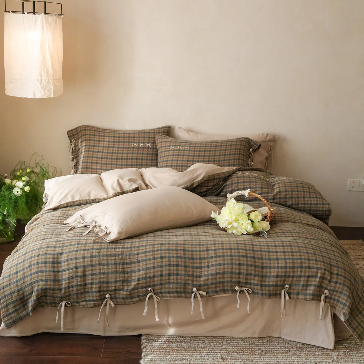 Bedding Set Cotton Blend Checked Ruffle & Embroidery
