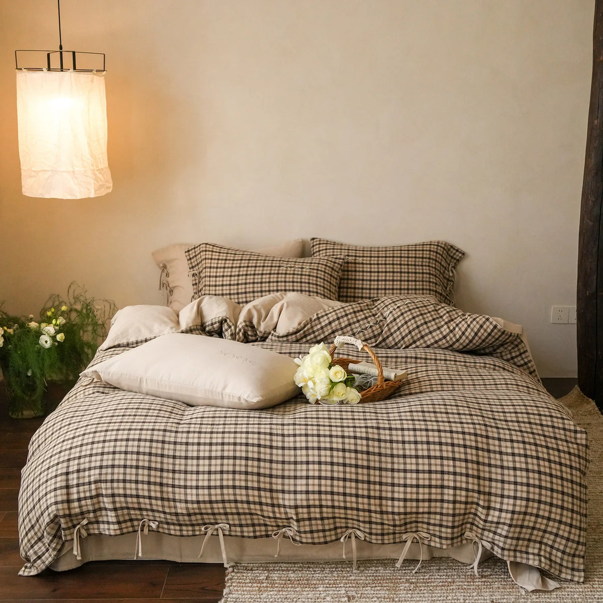 Bedding Set Cotton Blend Checked Ruffle & Embroidery
