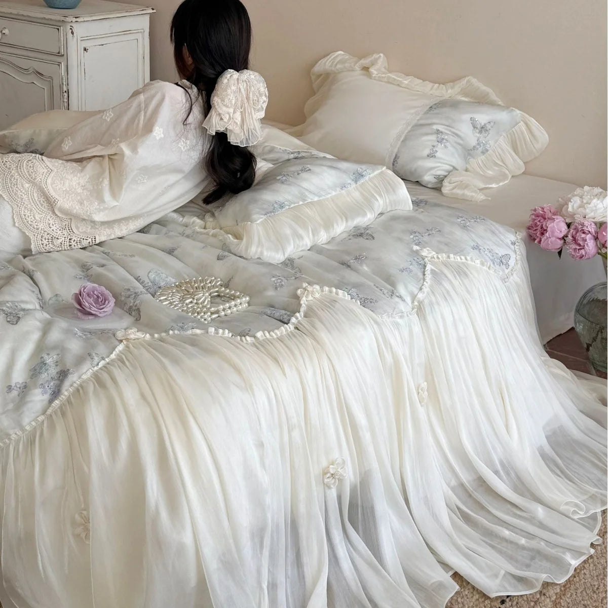 Bedding Set Cotton Blend Chiffon Ruffle & Embroidered Butterfly