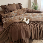 Bedding Set Cotton Blend Embroidered Leaf & Ruffled Pillowcases
