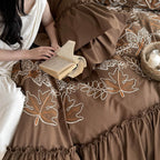 Bedding Set Cotton Blend Embroidered Leaf & Ruffled Pillowcases