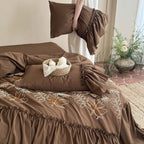 Bedding Set Cotton Blend Embroidered Leaf & Ruffled Pillowcases