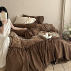 Bedding Set Cotton Blend Embroidered Leaf & Ruffled Pillowcases