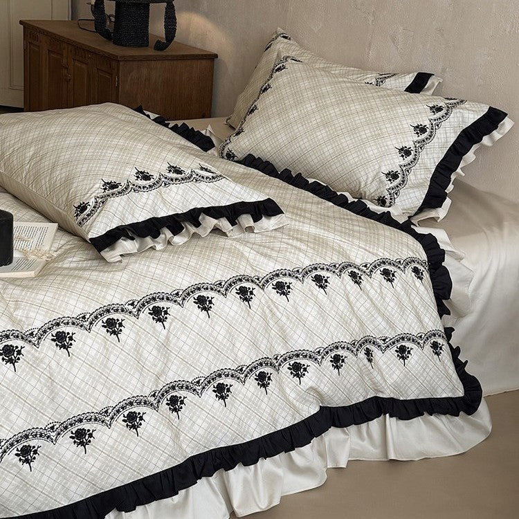 Bedding Set Cotton Blend Floral Embroidery & Ruffles