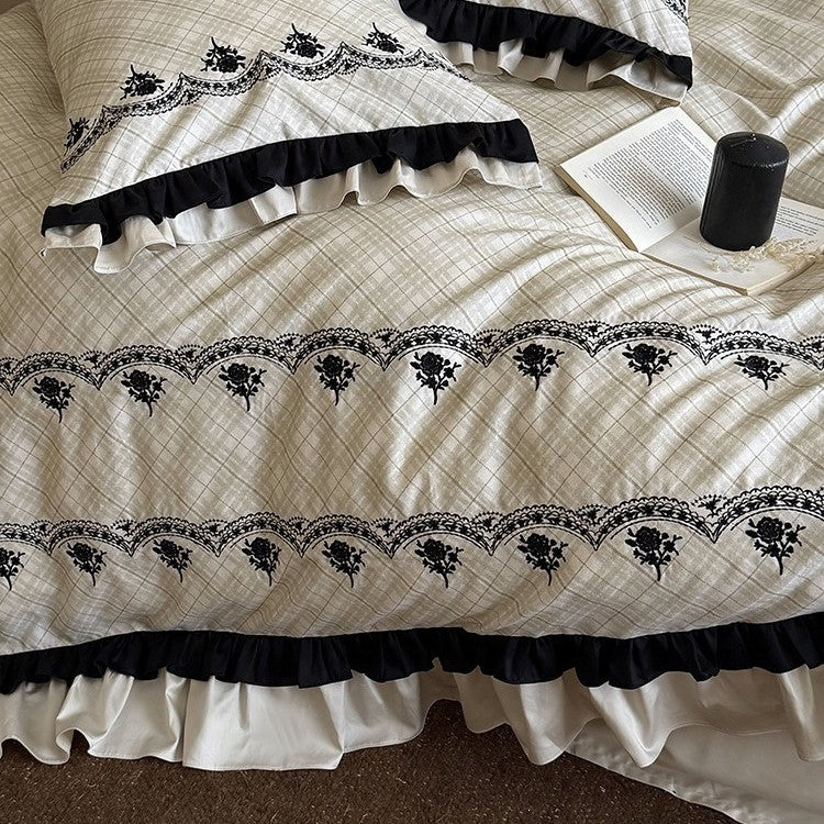 Bedding Set Cotton Blend Floral Embroidery & Ruffles