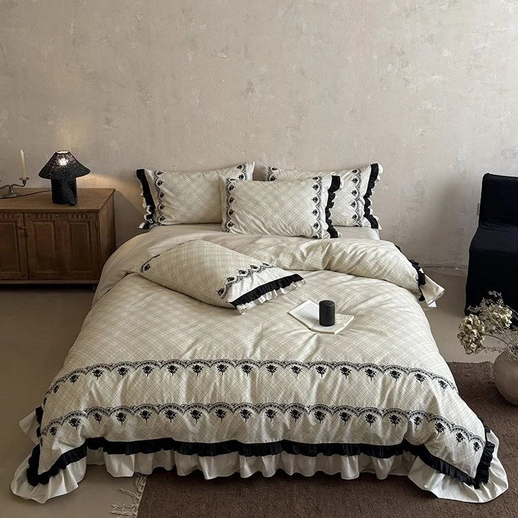 Bedding Set Cotton Blend Floral Embroidery & Ruffles