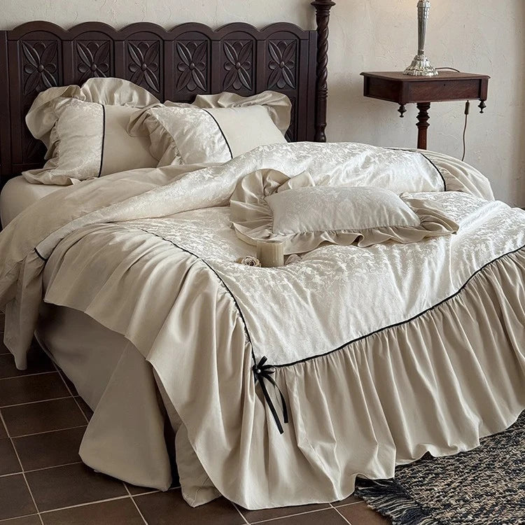 Bedding Set Cotton Blend Jacquard Relief Ruffles & Ribbon