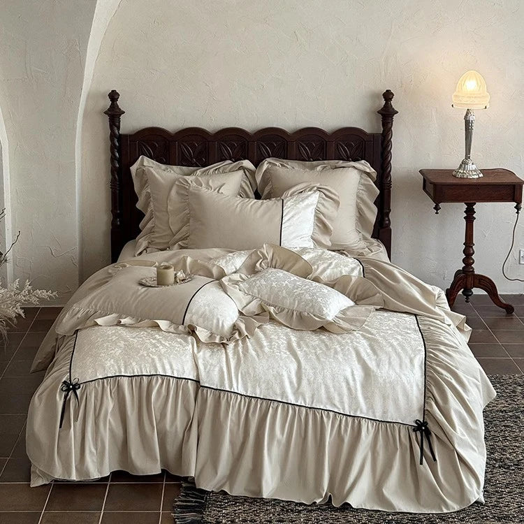 Bedding Set Cotton Blend Jacquard Relief Ruffles & Ribbon