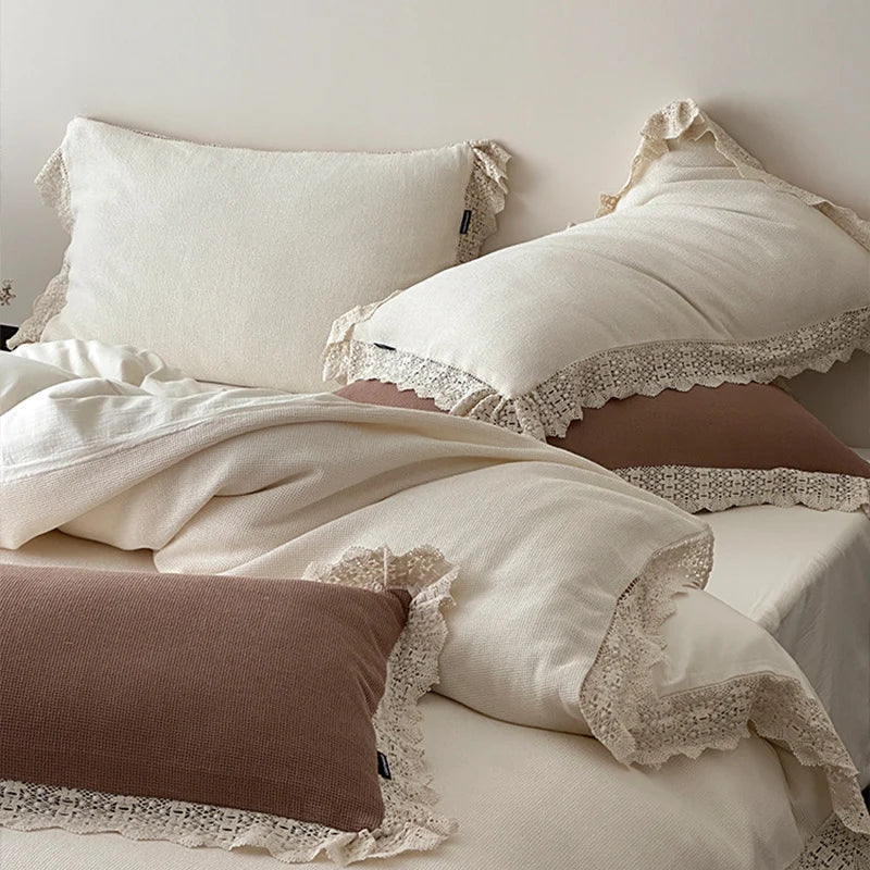 Bedding Set Cotton-Blend Linen-Look Lace Trim 4-Piece