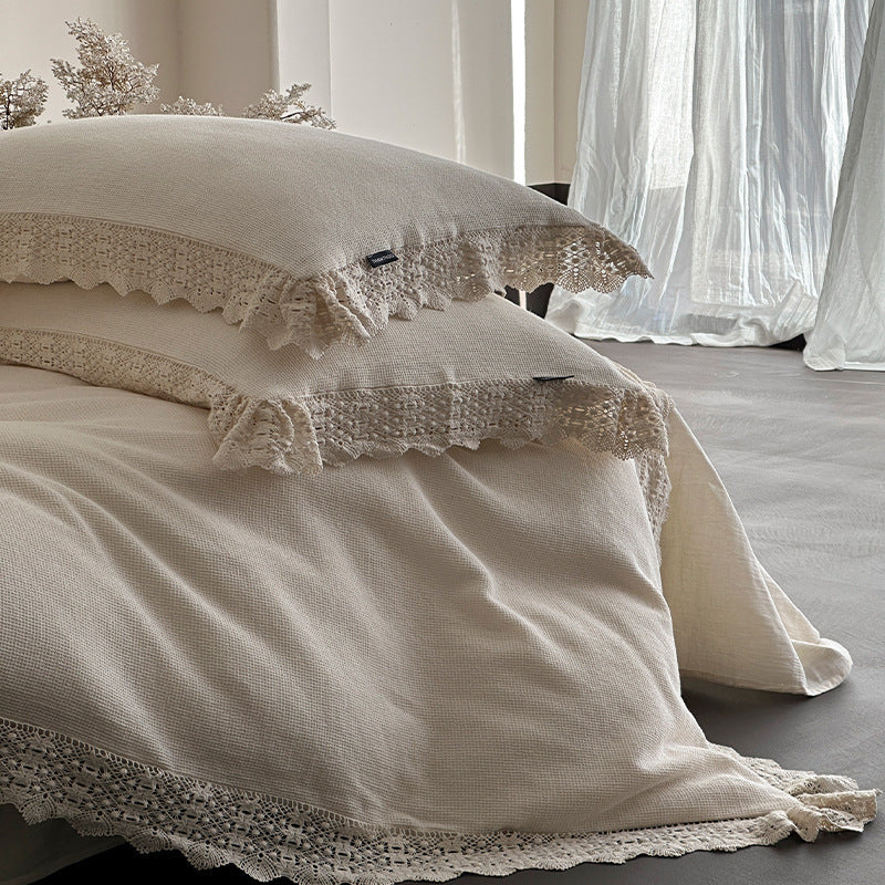 Bedding Set Cotton-Blend Linen-Look Lace Trim 4-Piece