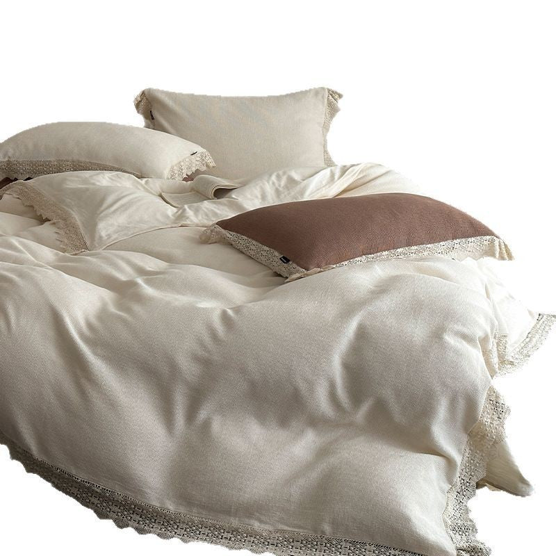 Bedding Set Cotton-Blend Linen-Look Lace Trim 4-Piece