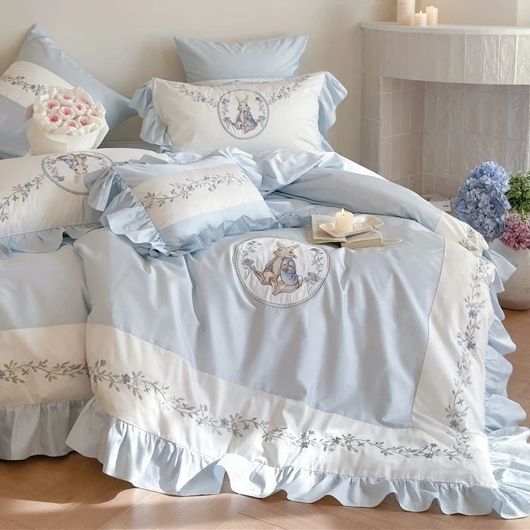 Bedding Set Cotton-Blend Ruffle Edge Floral Embroidery