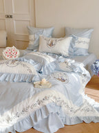 Bedding Set Cotton-Blend Ruffle Edge Floral Embroidery