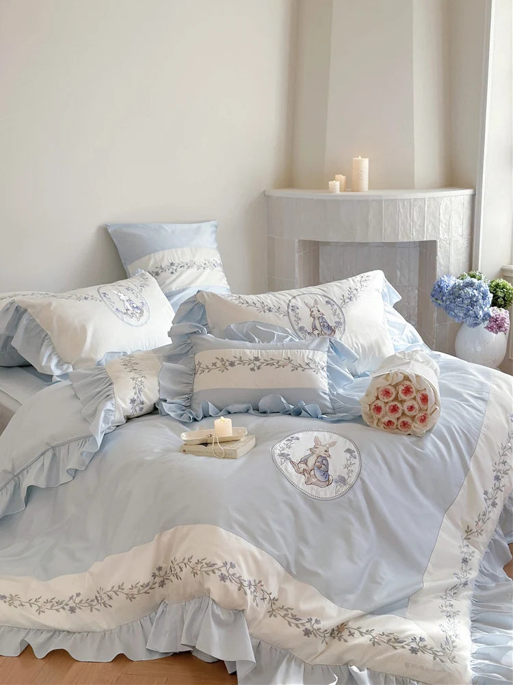 Bedding Set Cotton-Blend Ruffle Edge Floral Embroidery