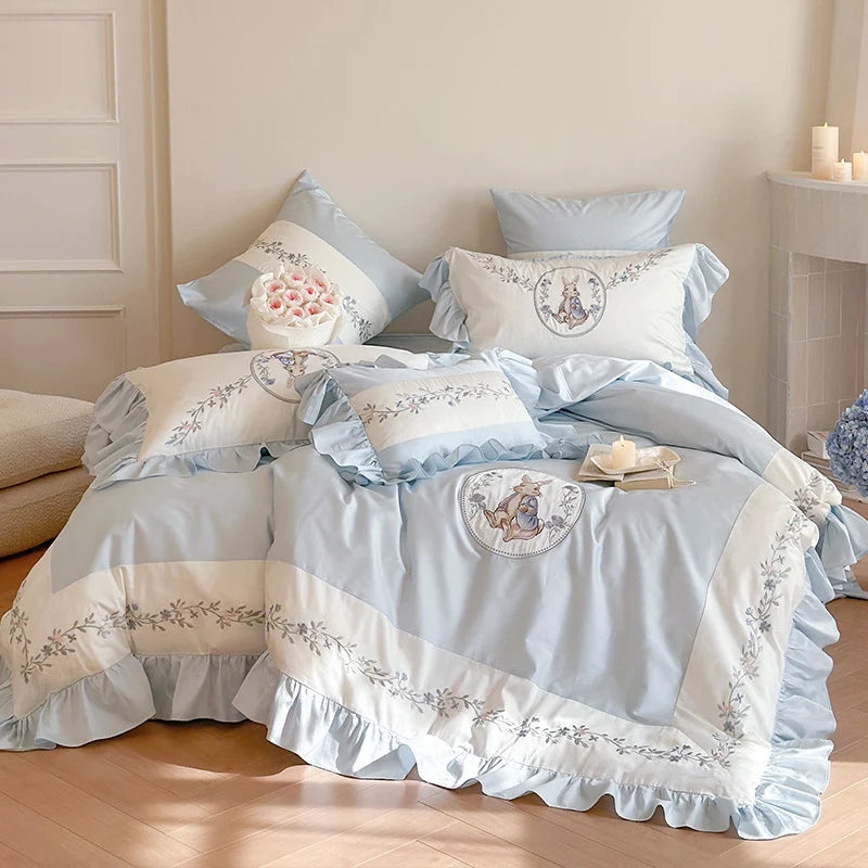 Bedding Set Cotton-Blend Ruffle Edge Floral Embroidery