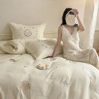 Bedding Set Cotton Embroidered Rose & Ruffled Edges 4-Piece