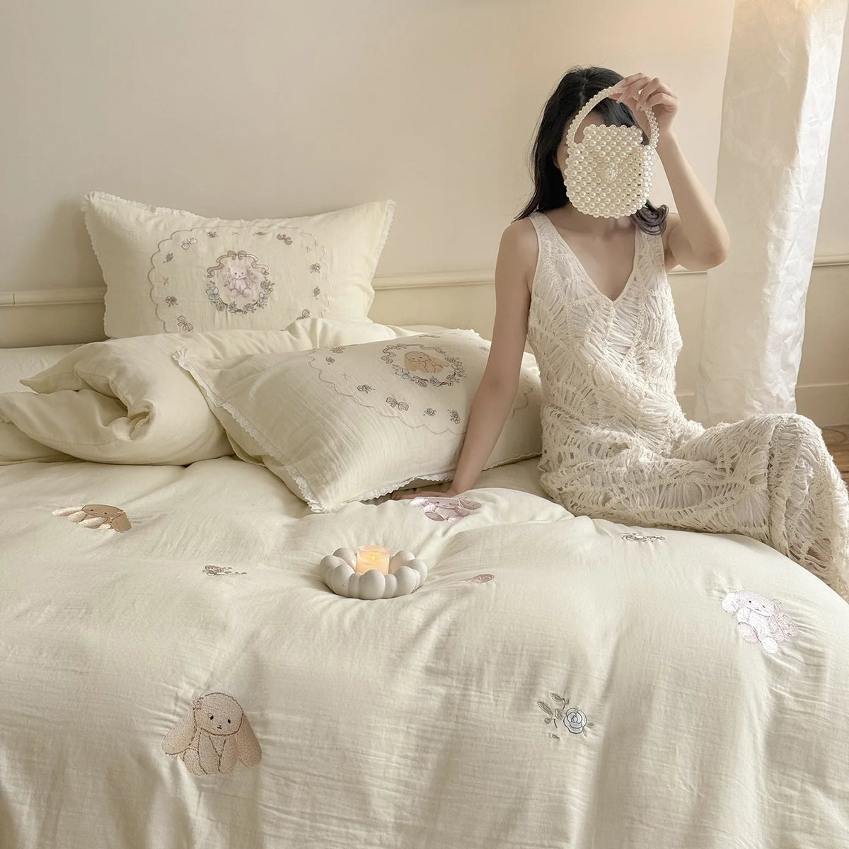 Bedding Set Cotton Embroidered Rose & Ruffled Edges 4-Piece