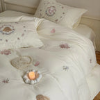 Bedding Set Cotton Embroidered Rose & Ruffled Edges 4-Piece