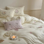 Bedding Set Cotton Embroidered Rose & Ruffled Edges 4-Piece
