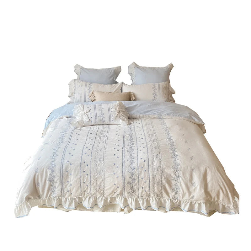 Bedding Set Cotton Embroidered Ruffle Integrated Bed Skirt