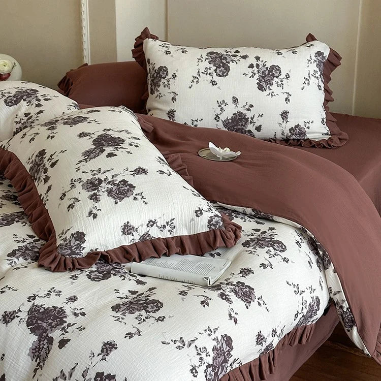 Bedding Set Cotton Gauze Floral & Ruffle Reversible 4-Piece